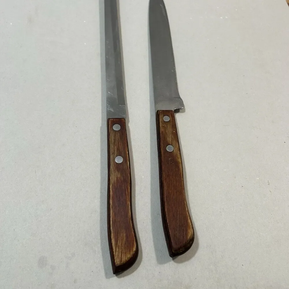 Vintage ITI Japan Stainless Steel 2-Pc Knife Set Slicer Chef Wood Handle